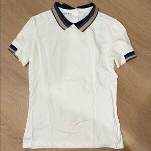 Lacoste Cream Polo Shirt with Navy and Tan Striped Collar